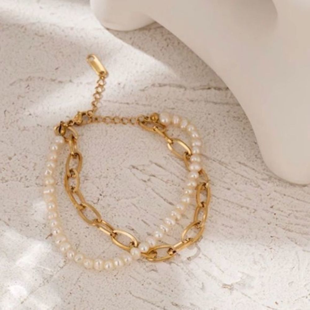 Double Stranded Pearl and Chain Bracelet - Picture 2 of 7